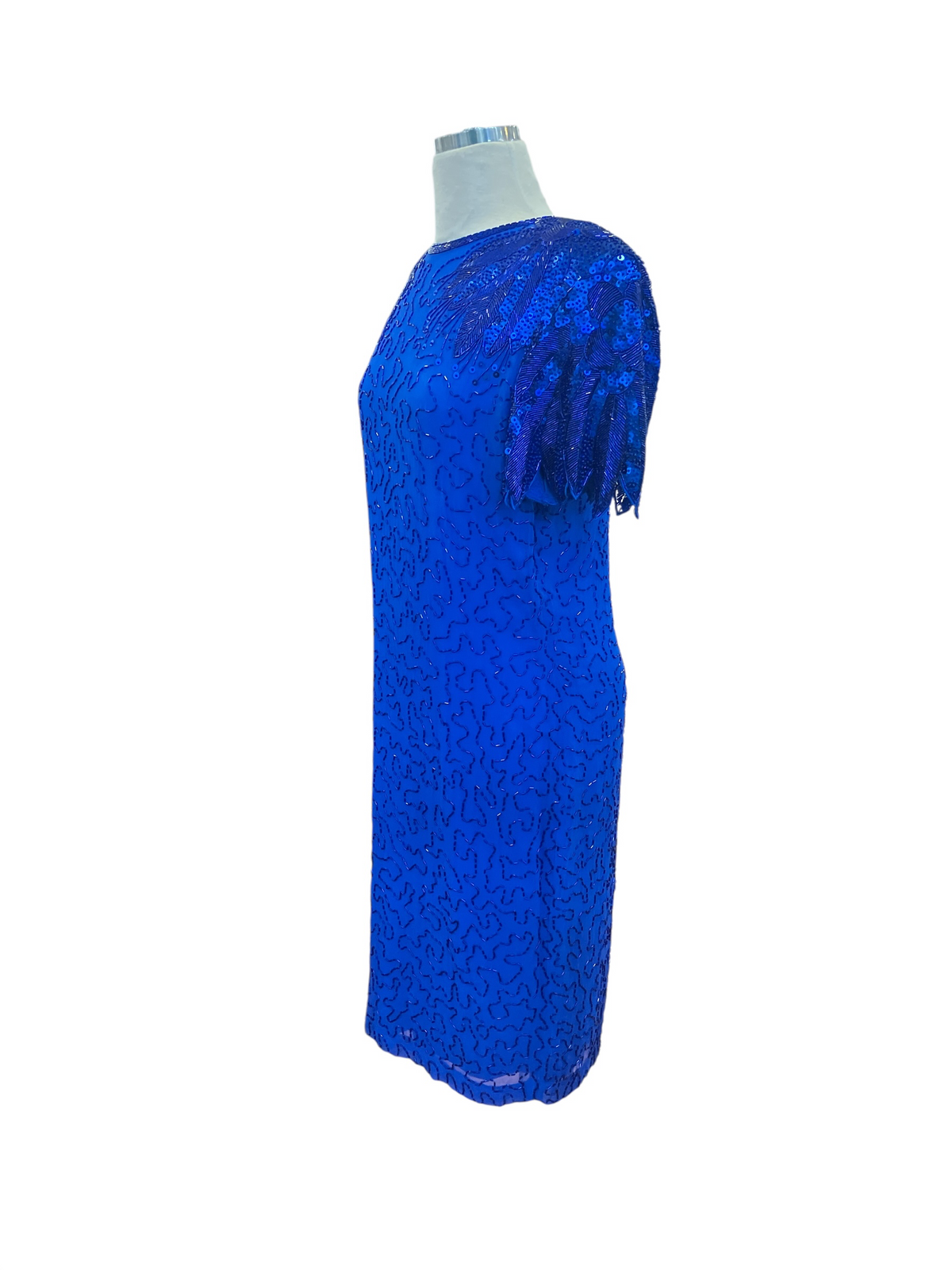 Vintage 1980s Silk Studio by Morgan Taylor Royal Blue Beaded Short Sleeve Evening Dress