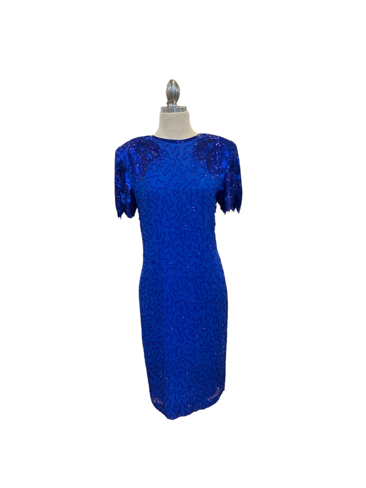 Vintage 1980s Silk Studio by Morgan Taylor Royal Blue Beaded Short Sleeve Evening Dress