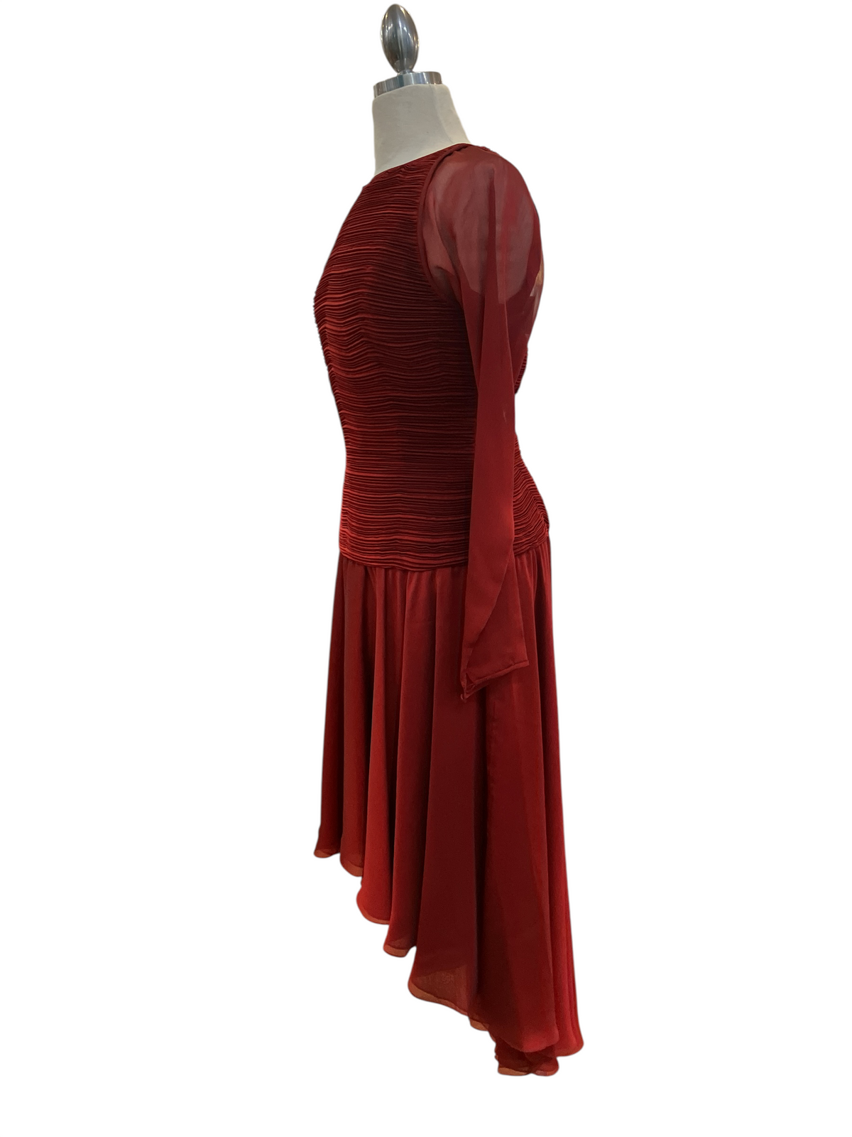 Vintage Oscar de la Renta Studio Long Sleeve Pleated Bodice High Low Red Evening Dress I.Magnin Tag