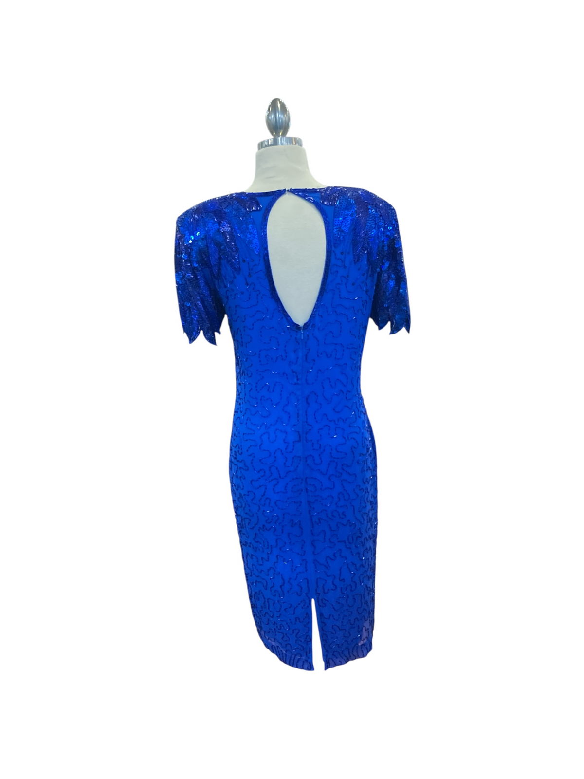 Vintage 1980s Silk Studio by Morgan Taylor Royal Blue Beaded Short Sleeve Evening Dress