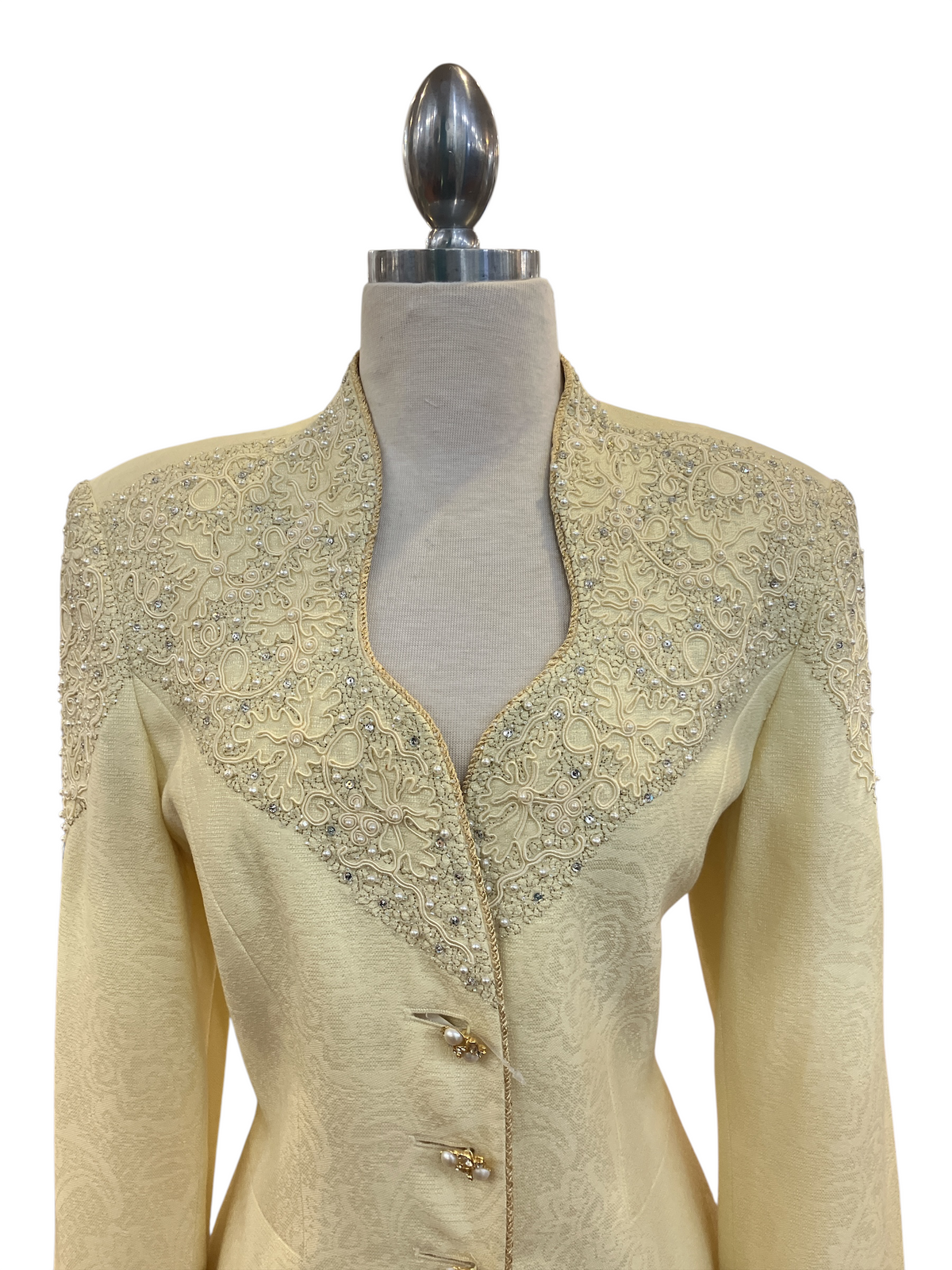 Vintage 1980s Nolan Miller Butter Yellow Ivory Embellished Formal Skirt Suit Set
