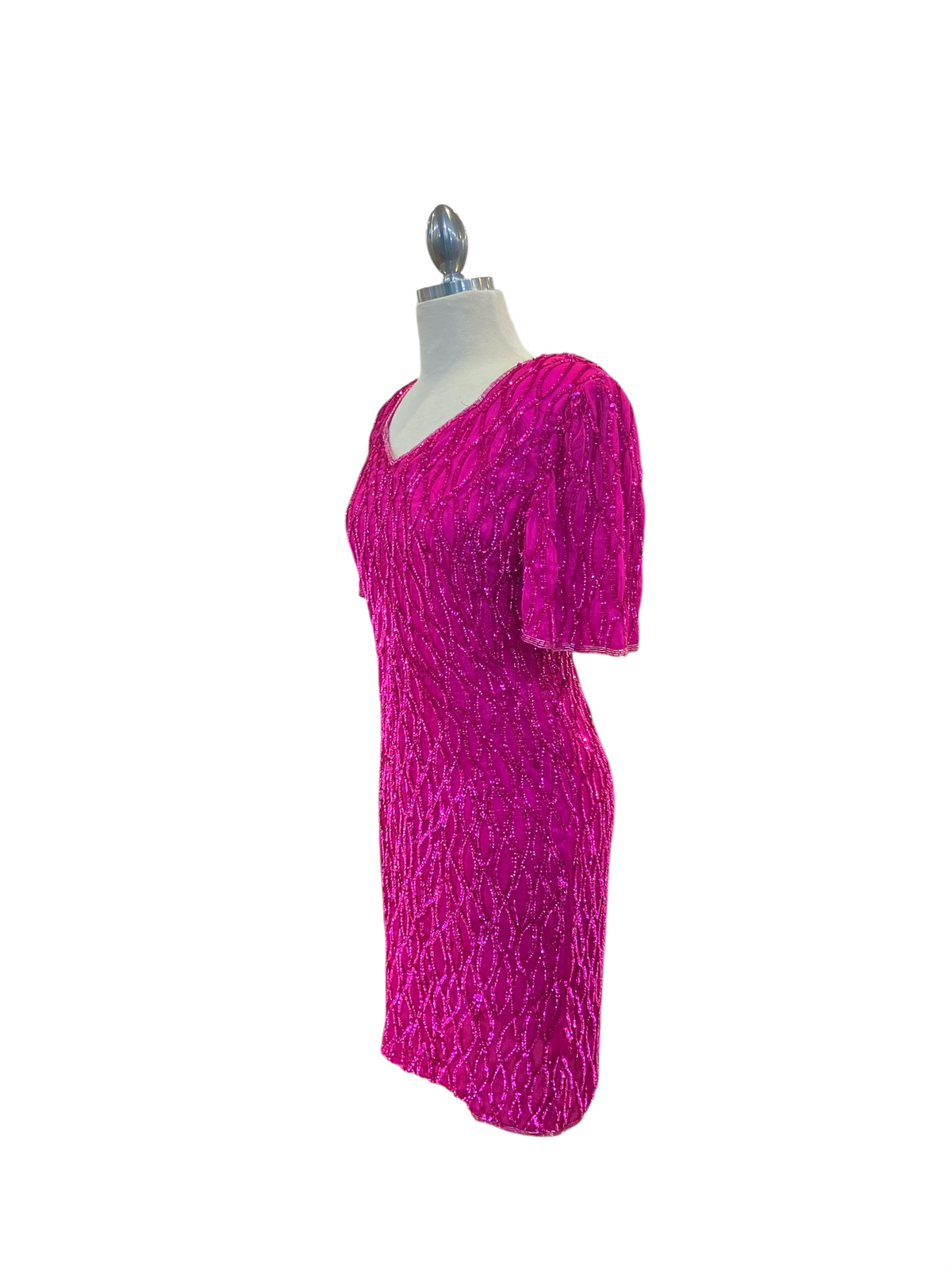 Vintage 1980s Mark & John by Gopal Silk Fuchsia Beaded Short Sleeve Evening Dress
