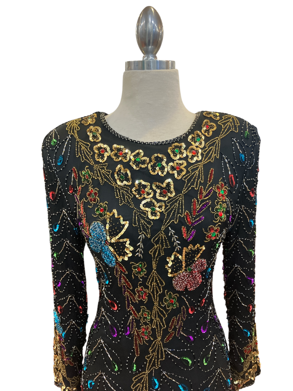 Vintage 1980s Jewel Queen 100% Silk Black Embellished Multicolor Beading Long Sleeve Shoulder Pads Evening Dress