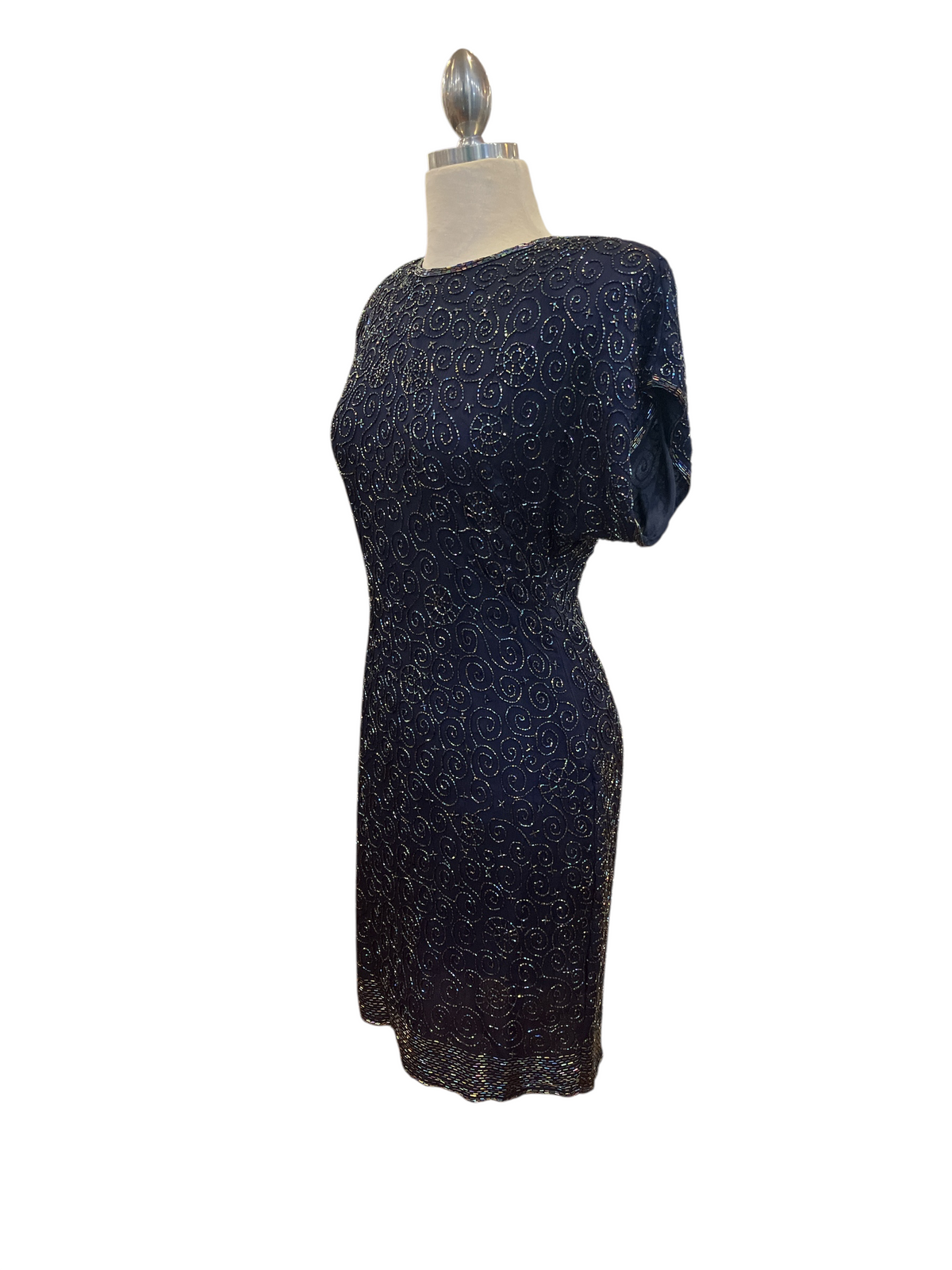 Vintage Designer Laurence Kazar New York Midnight Blue Aurora Borealis Beaded Short Sleeve Cocktail Dress
