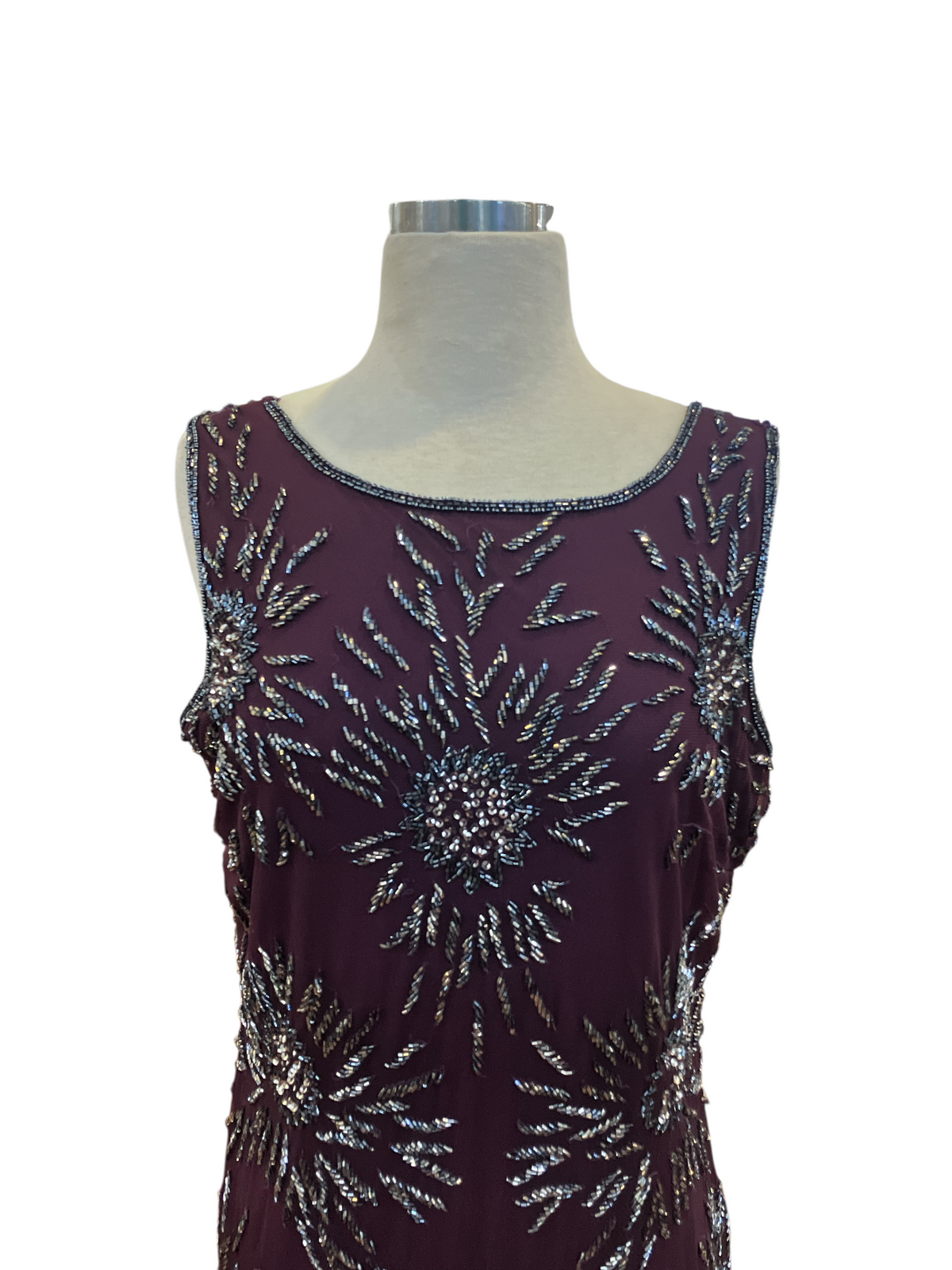Vintage Pissarro Nights Eggplant Purple with Navy Blue and Silver Beading Sleeveless Evening Cocktail Dress