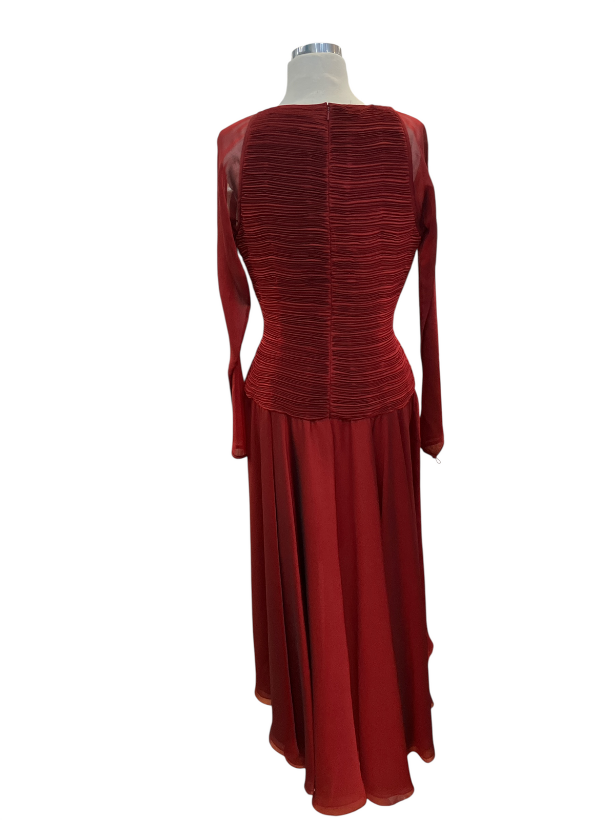 Vintage Oscar de la Renta Studio Long Sleeve Pleated Bodice High Low Red Evening Dress I.Magnin Tag