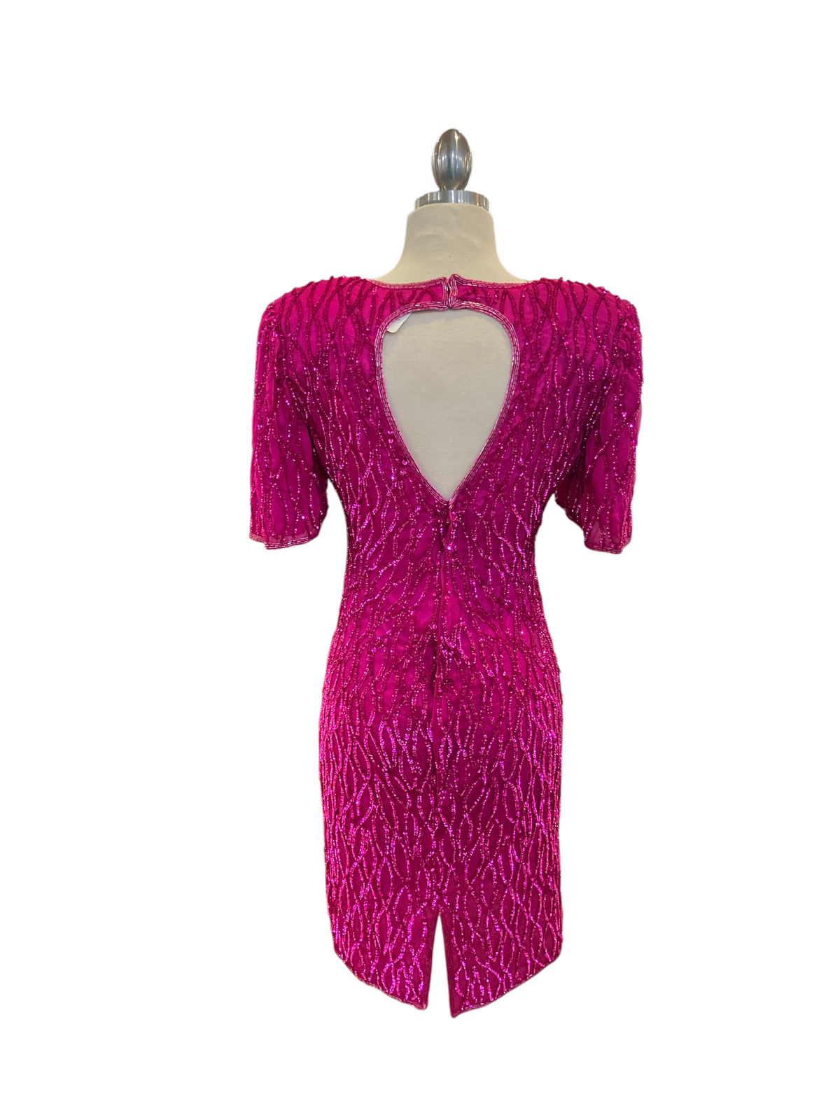 Vintage 1980s Mark & John by Gopal Silk Fuchsia Beaded Short Sleeve Evening Dress