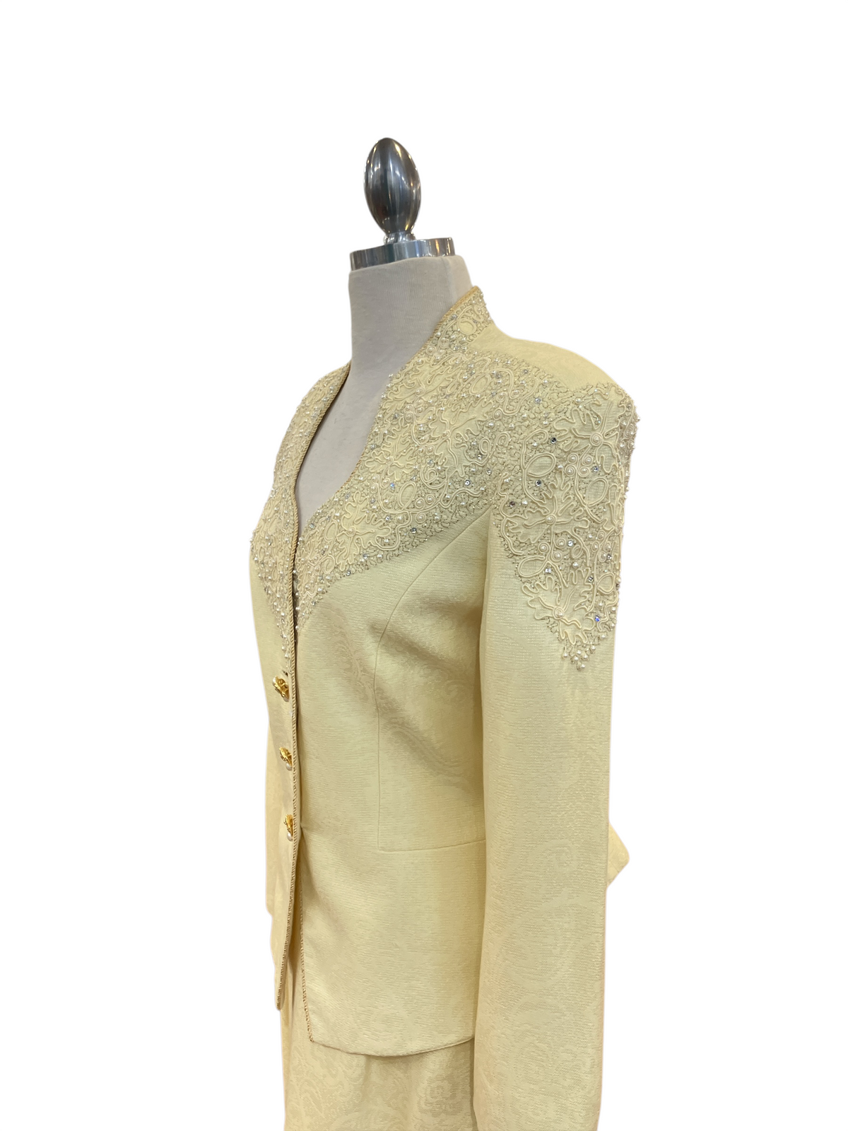 Vintage 1980s Nolan Miller Butter Yellow Ivory Embellished Formal Skirt Suit Set