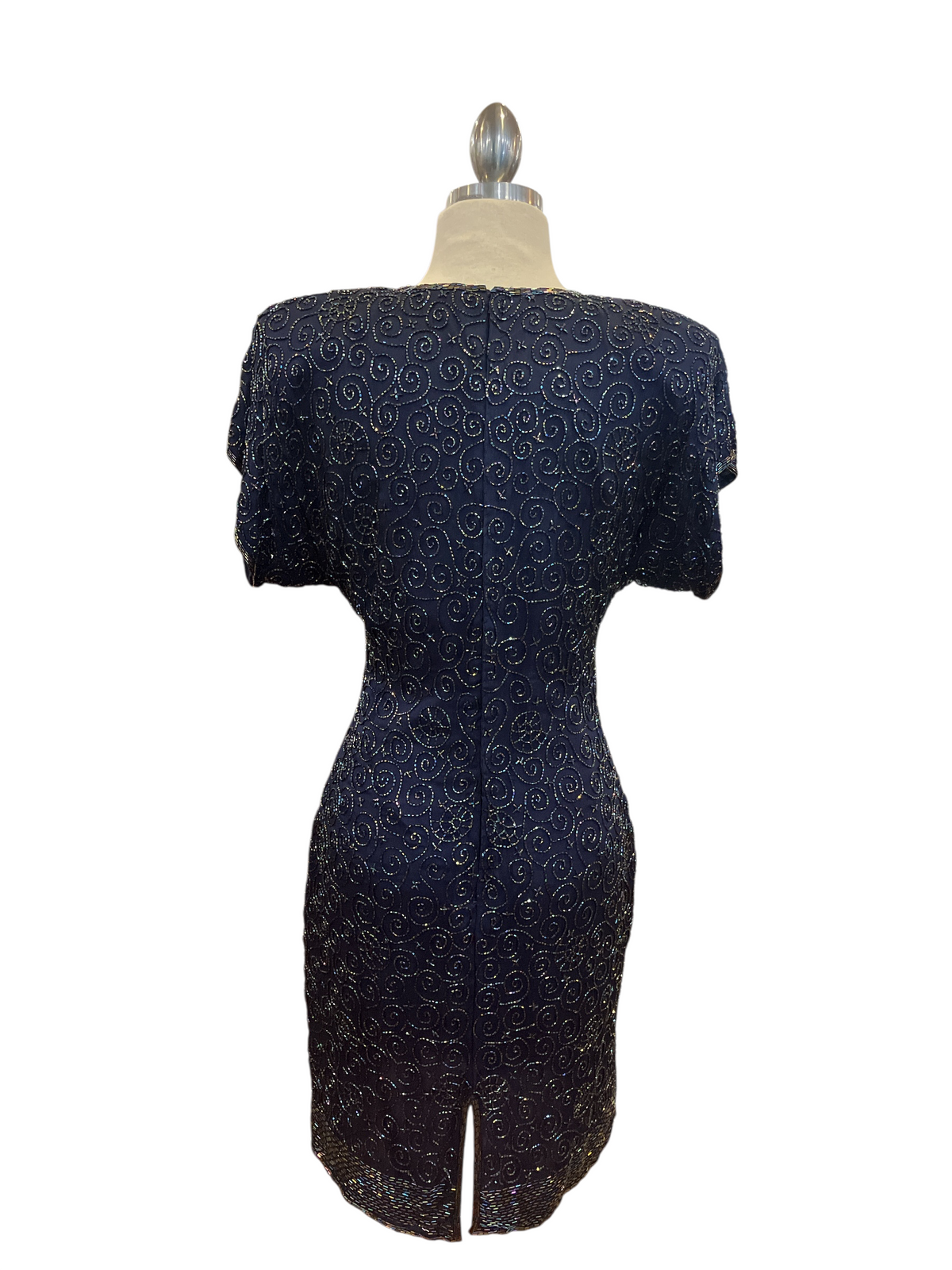 Vintage Designer Laurence Kazar New York Midnight Blue Aurora Borealis Beaded Short Sleeve Cocktail Dress