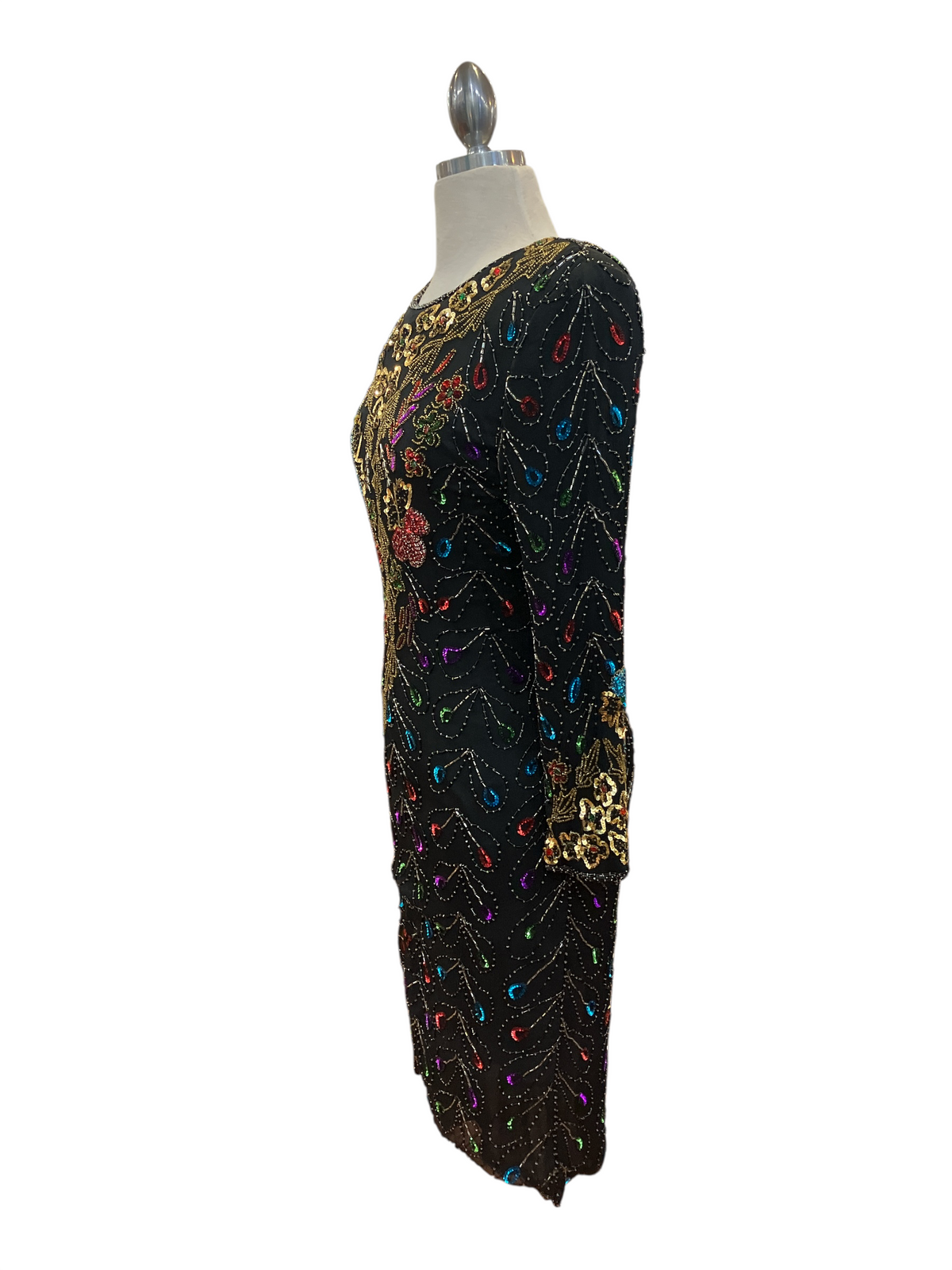 Vintage 1980s Jewel Queen 100% Silk Black Embellished Multicolor Beading Long Sleeve Shoulder Pads Evening Dress