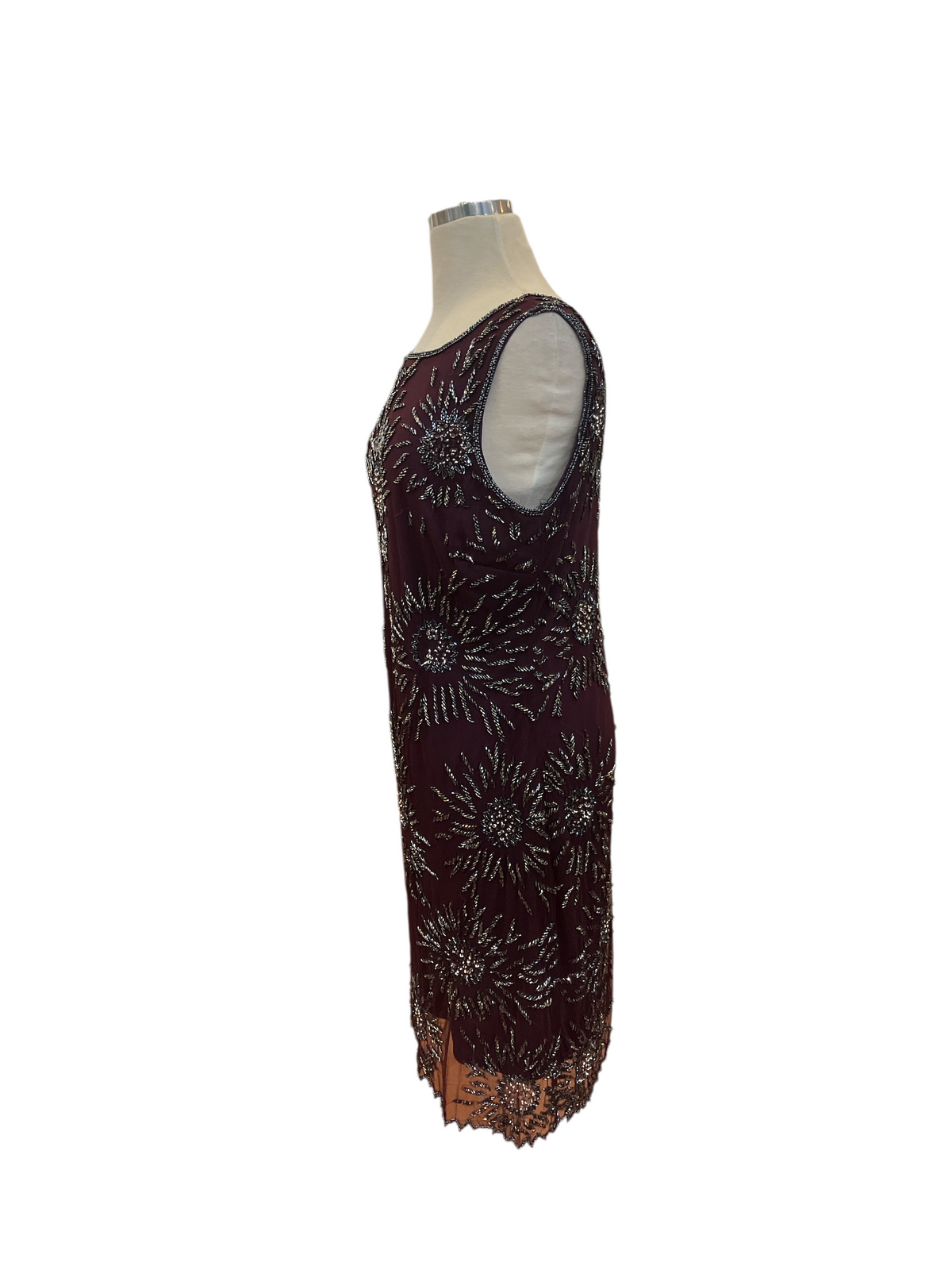Vintage Pissarro Nights Eggplant Purple with Navy Blue and Silver Beading Sleeveless Evening Cocktail Dress