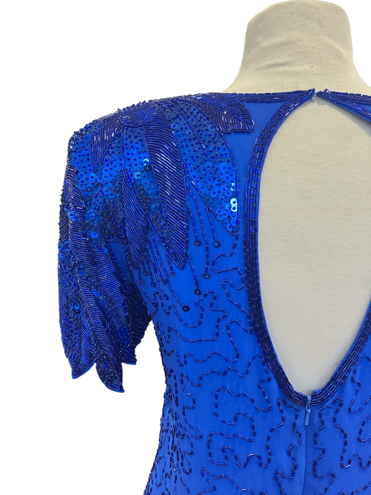 Vintage 1980s Silk Studio by Morgan Taylor Royal Blue Beaded Short Sleeve Evening Dress