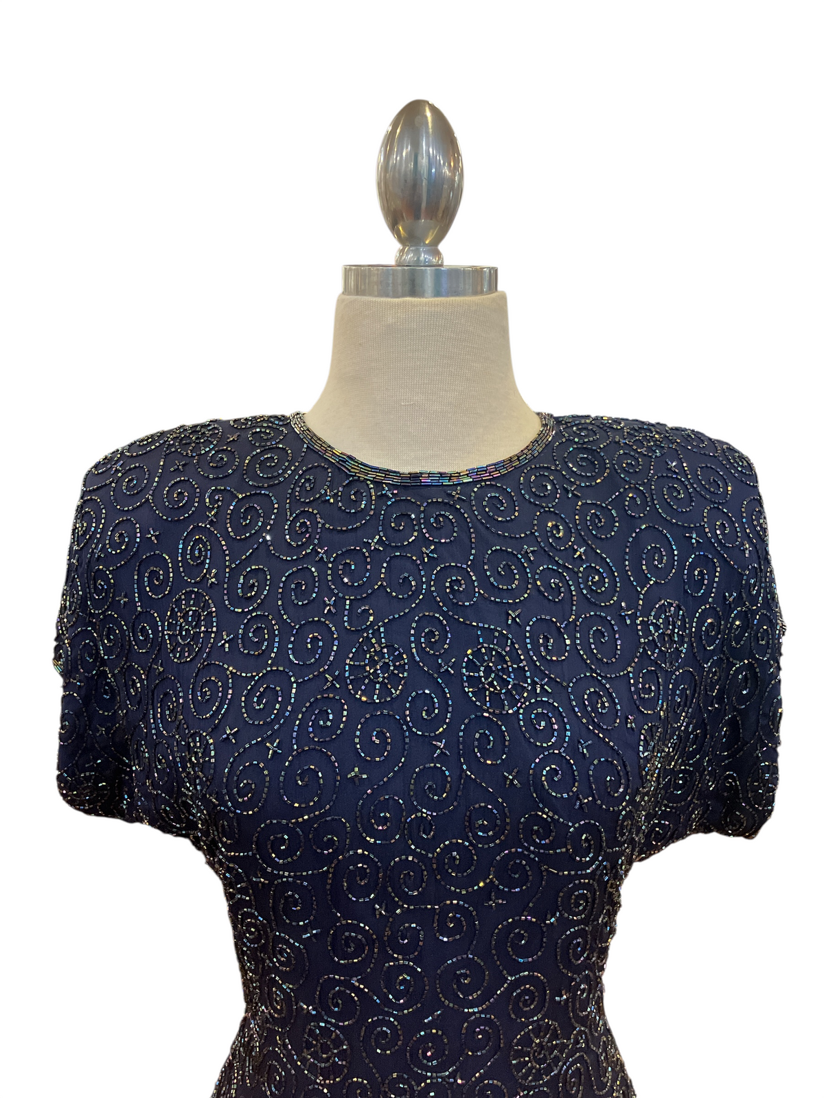 Vintage Designer Laurence Kazar New York Midnight Blue Aurora Borealis Beaded Short Sleeve Cocktail Dress