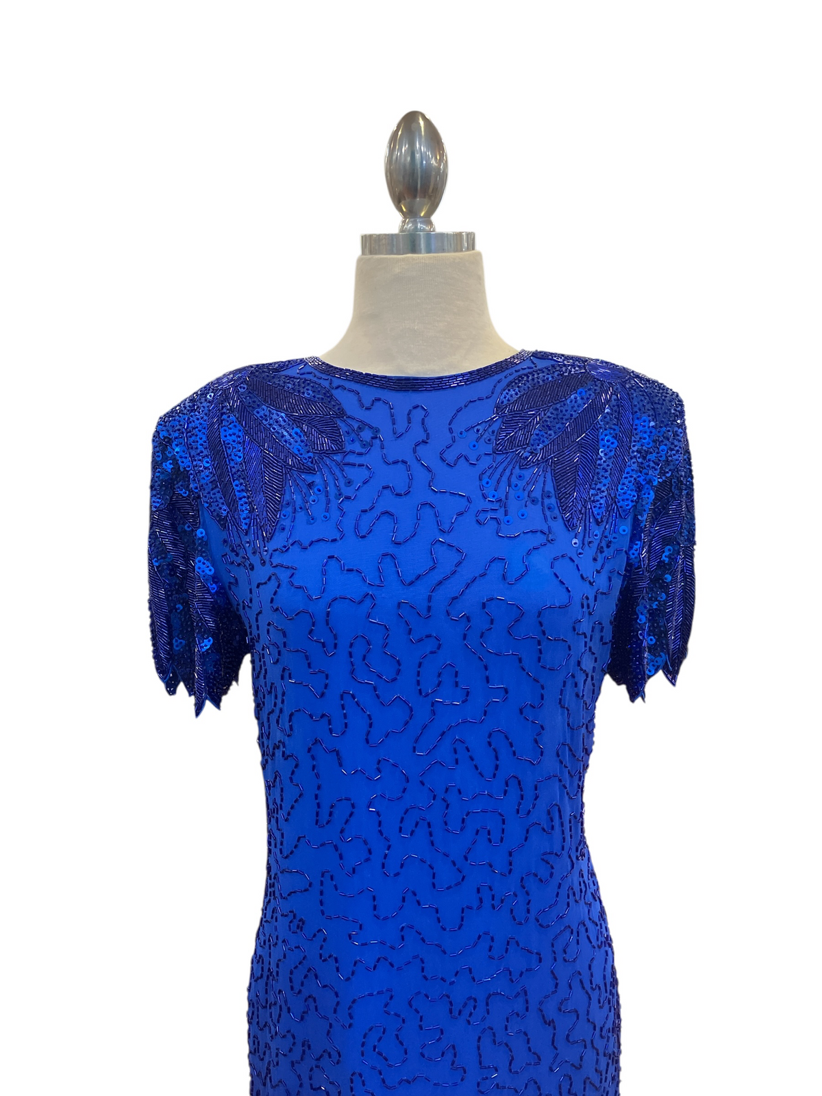 Vintage 1980s Silk Studio by Morgan Taylor Royal Blue Beaded Short Sleeve Evening Dress