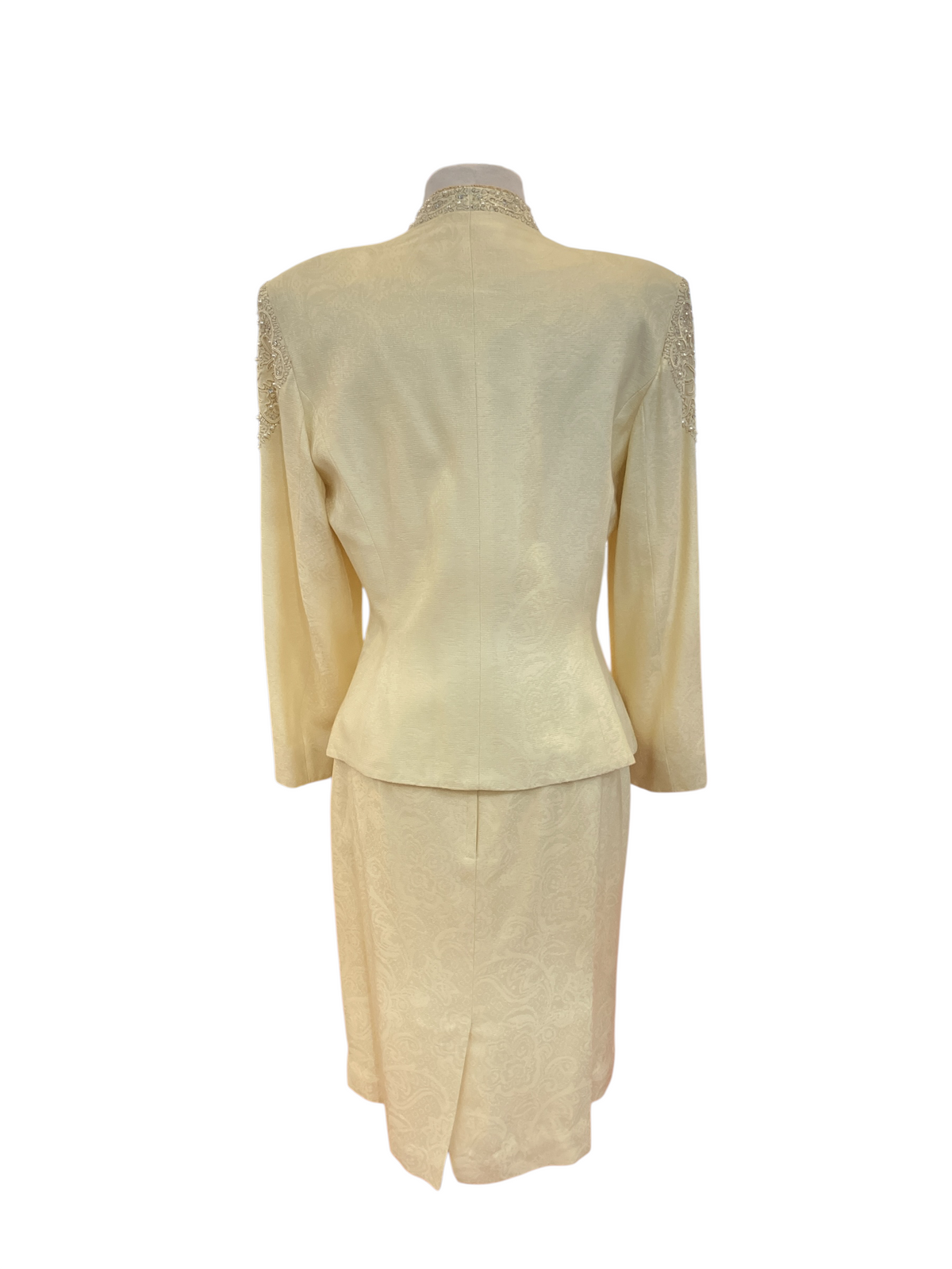 Vintage 1980s Nolan Miller Butter Yellow Ivory Embellished Formal Skirt Suit Set