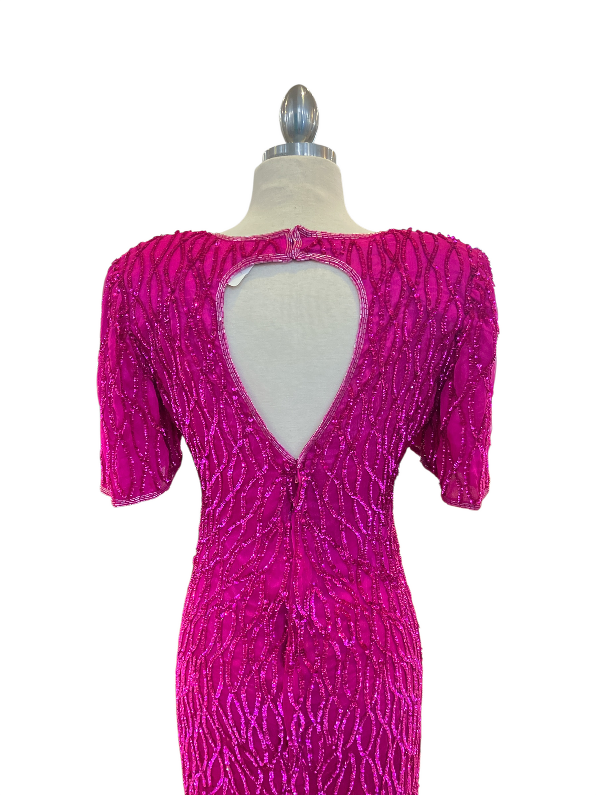 Vintage 1980s Mark & John by Gopal Silk Fuchsia Beaded Short Sleeve Evening Dress