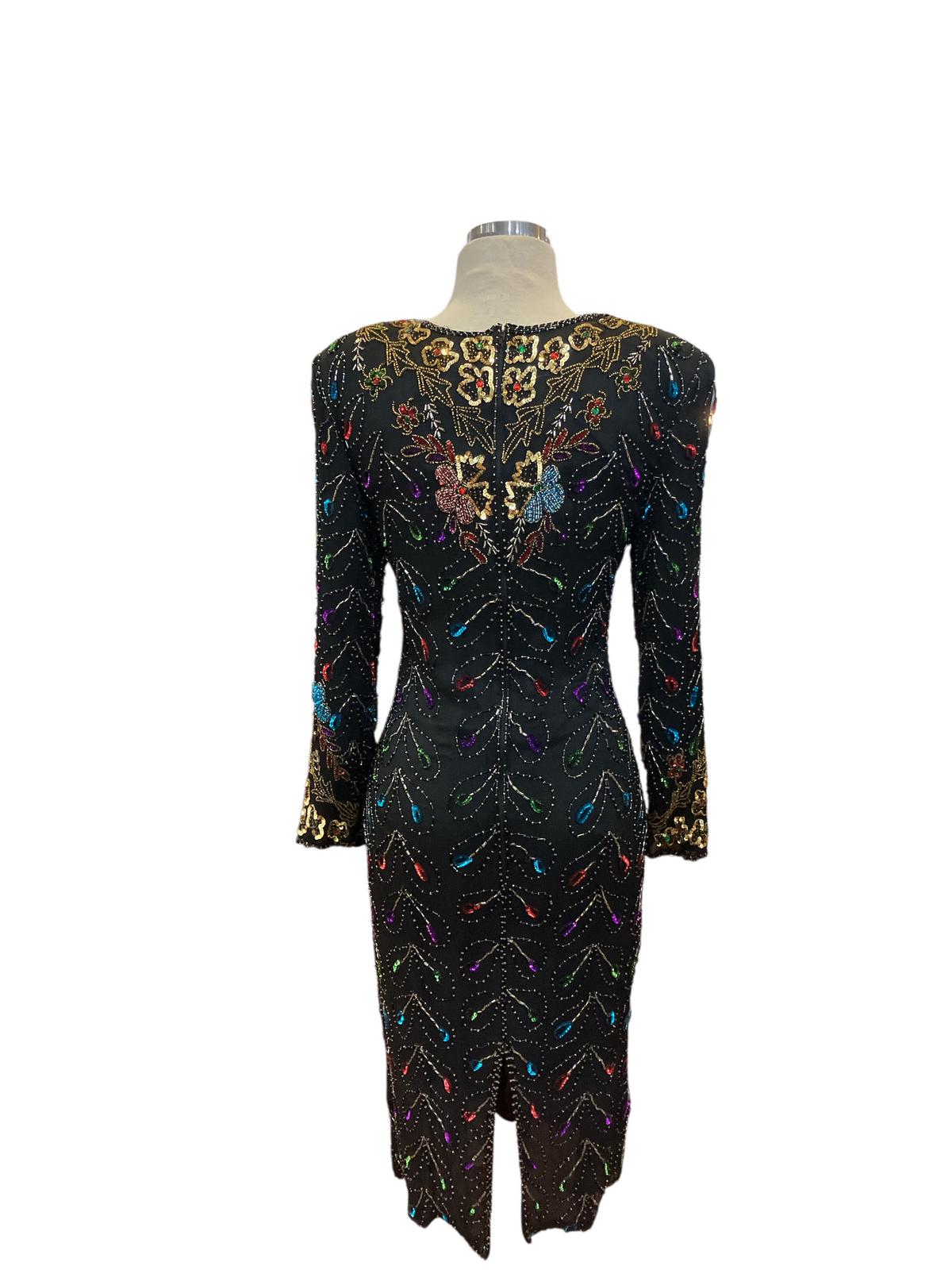 Vintage 1980s Jewel Queen 100% Silk Black Embellished Multicolor Beading Long Sleeve Shoulder Pads Evening Dress