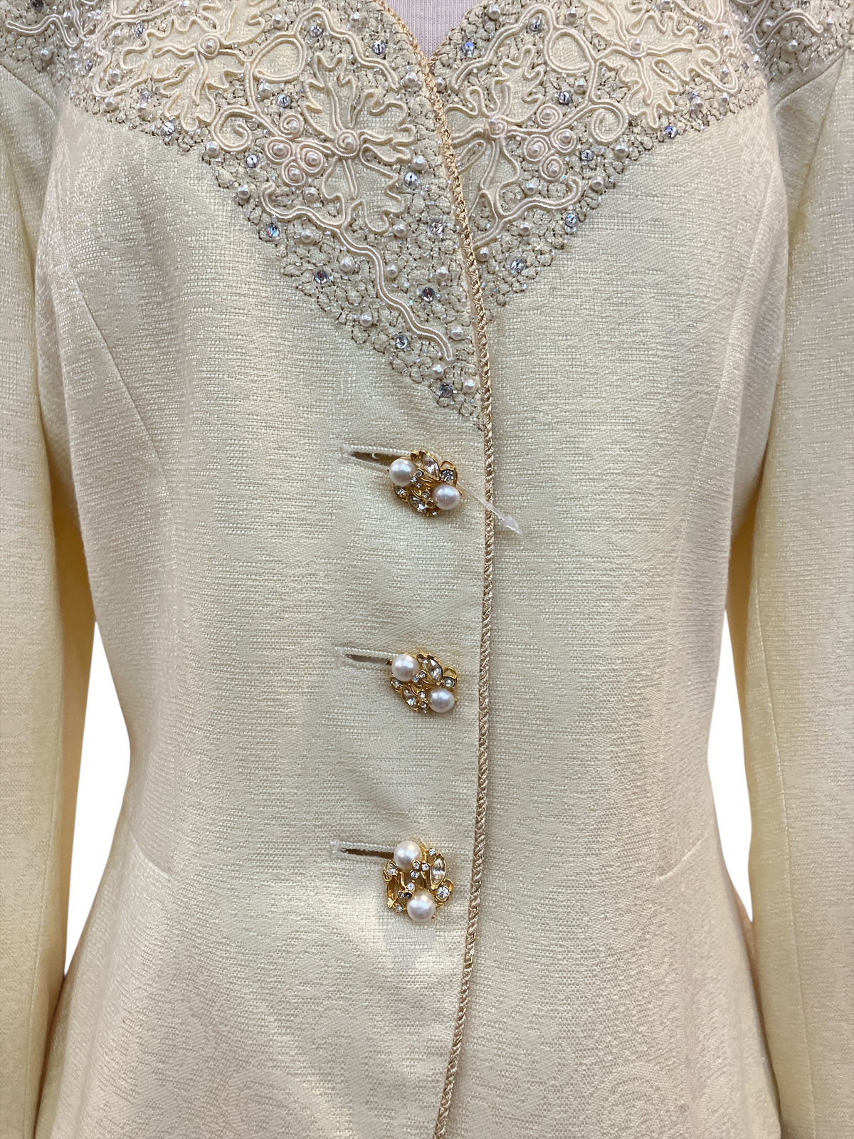 Vintage 1980s Nolan Miller Butter Yellow Ivory Embellished Formal Skirt Suit Set