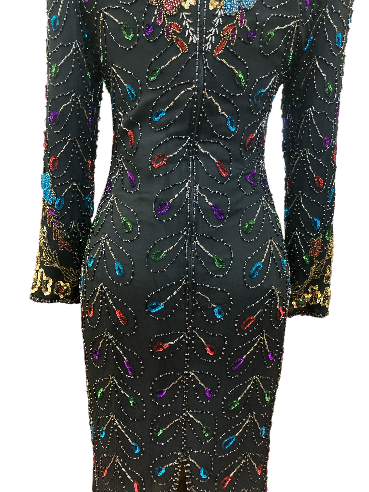 Vintage 1980s Jewel Queen 100% Silk Black Embellished Multicolor Beading Long Sleeve Shoulder Pads Evening Dress