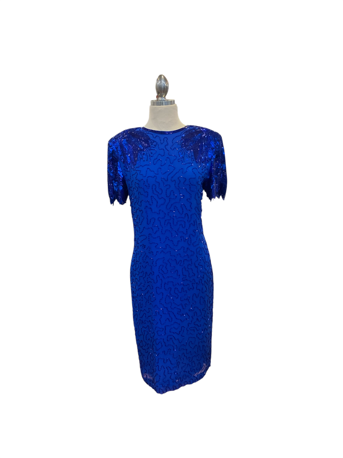 Vintage 1980s Silk Studio by Morgan Taylor Royal Blue Beaded Short Sleeve Evening Dress