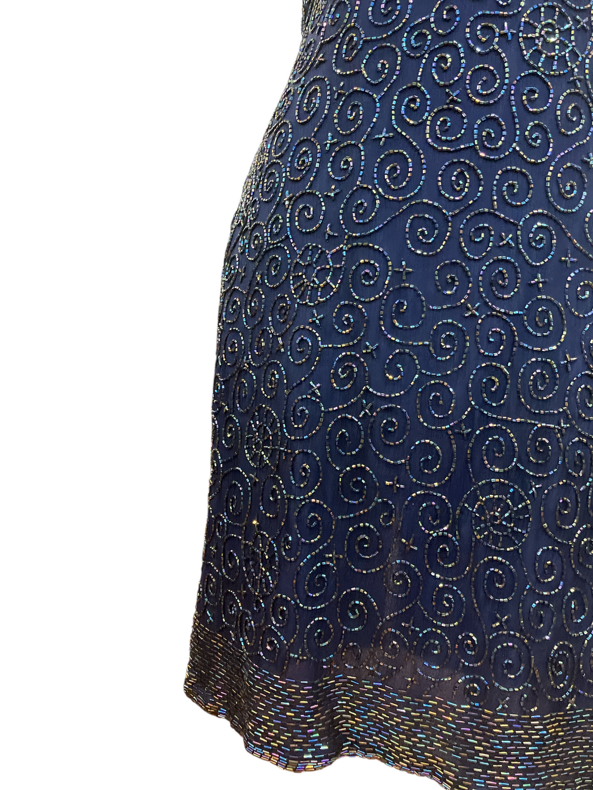 Vintage Designer Laurence Kazar New York Midnight Blue Aurora Borealis Beaded Short Sleeve Cocktail Dress
