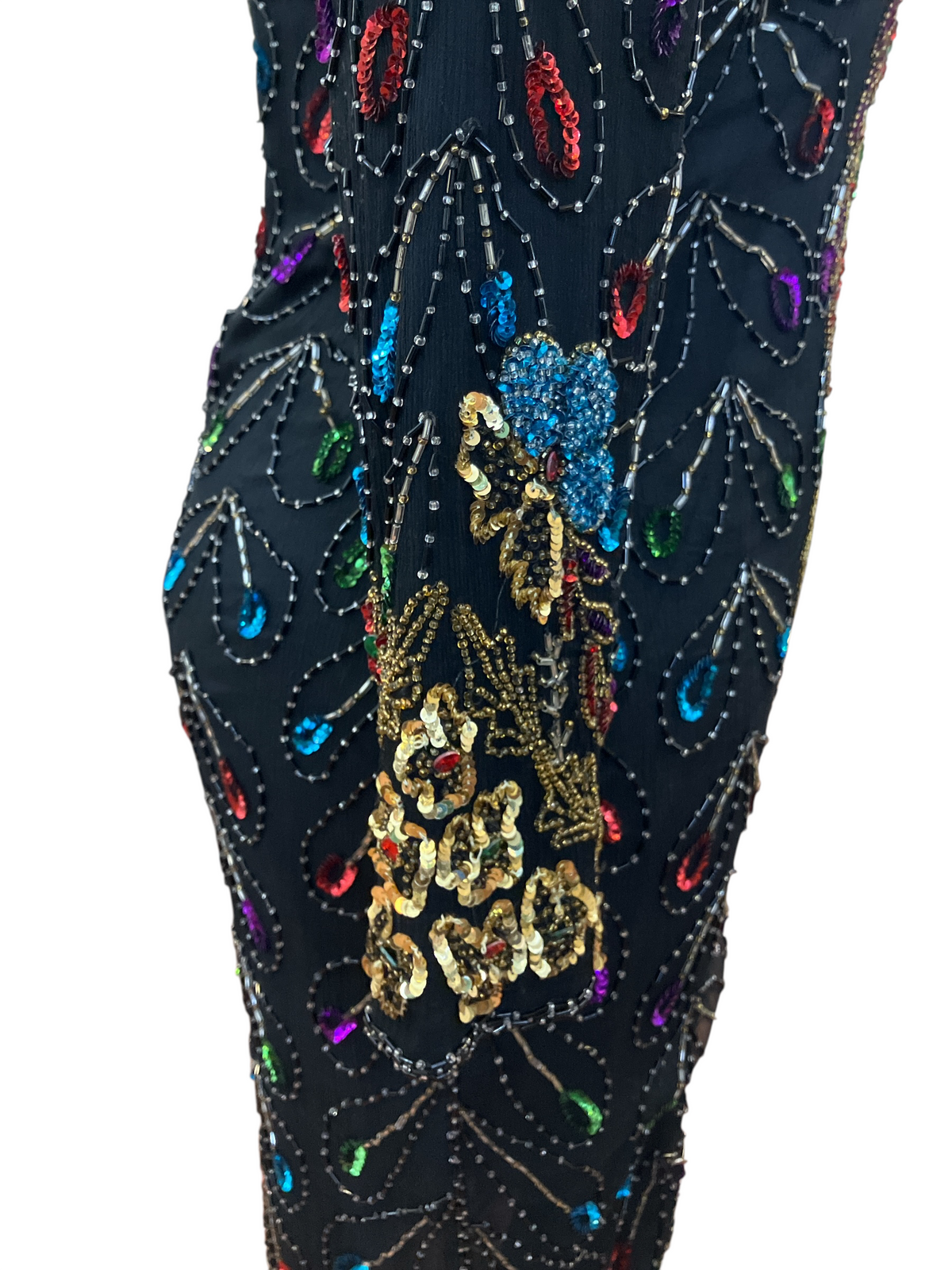 Vintage 1980s Jewel Queen 100% Silk Black Embellished Multicolor Beading Long Sleeve Shoulder Pads Evening Dress